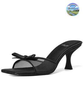 Kitten Heel Mules Square Toe Bow Slip On Backless Heels